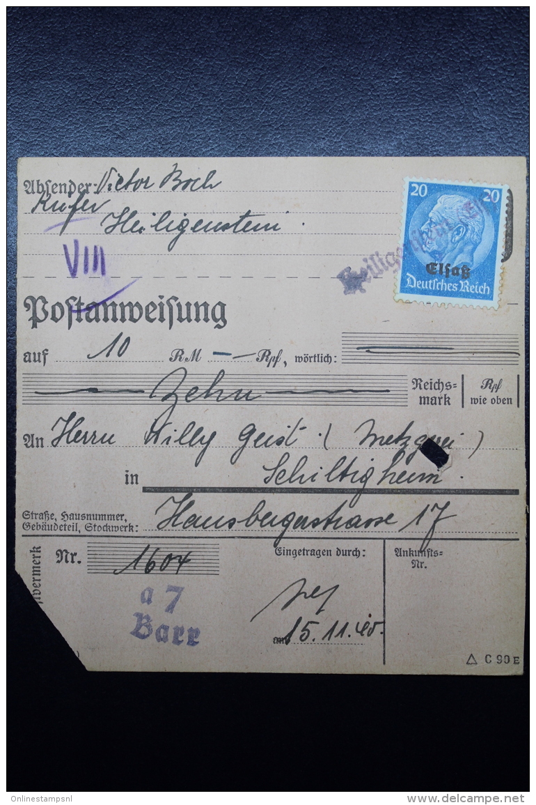 Elsass Alsace :  Notstempel HEILIGENSTEIN  Postanweisung - Besetzungen 1938-45