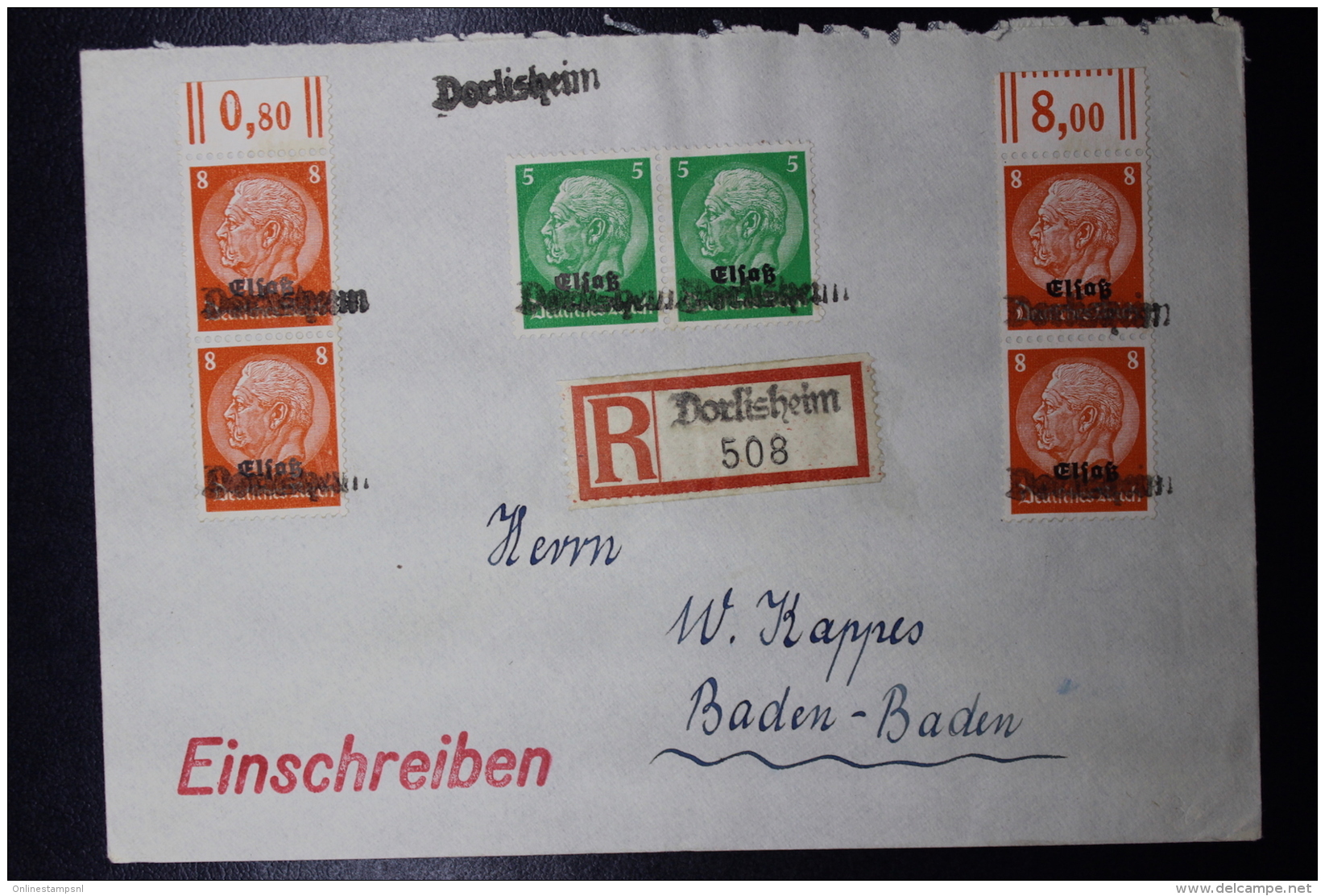 Elsass Alsace : Notstempel  DORLISHEIM Einschreiben Cover Mit 5x Mi 5 WOR - Besetzungen 1938-45