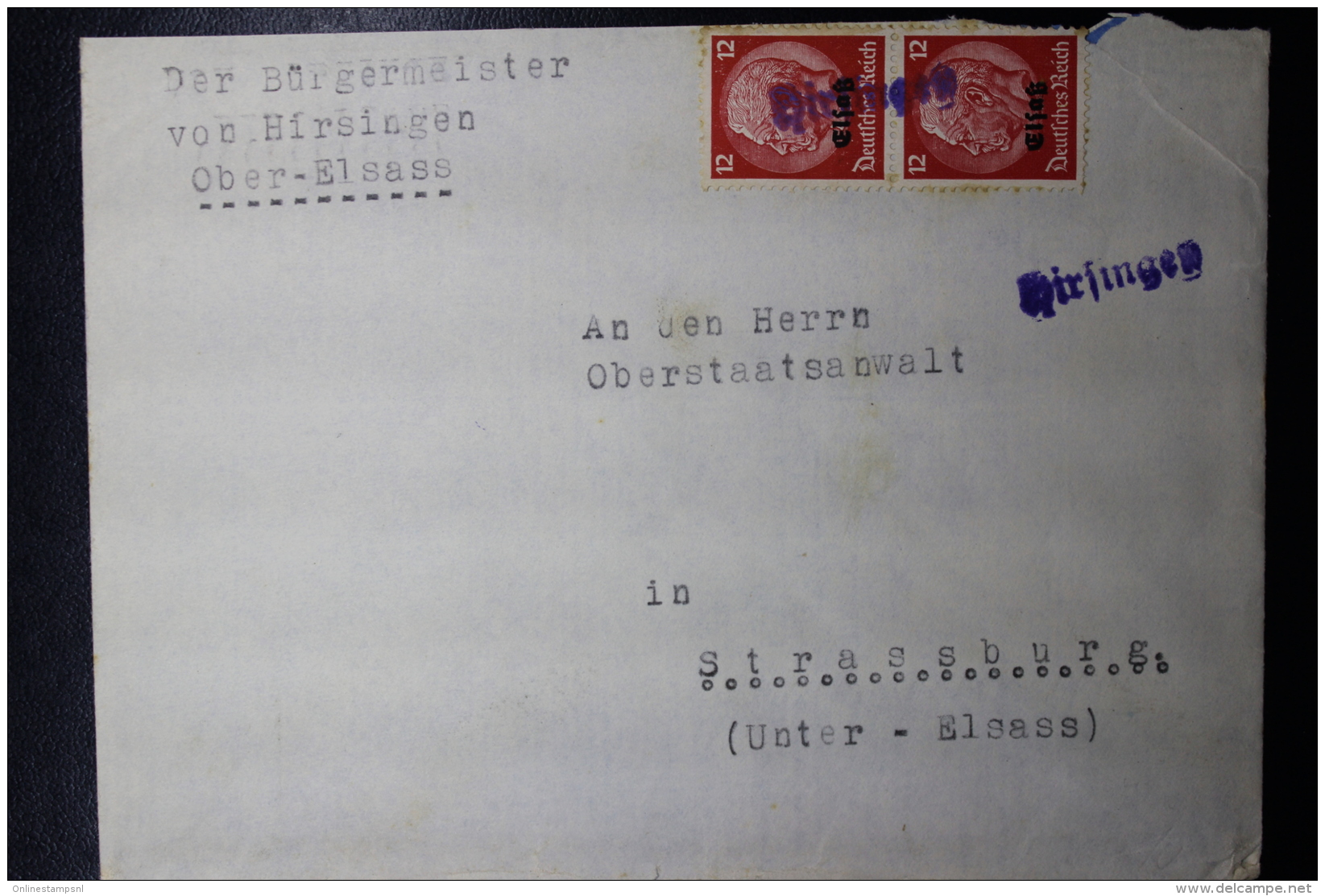 Elsass Alsace :  Notstempel  HIRSINGER  Cover - Besetzungen 1938-45