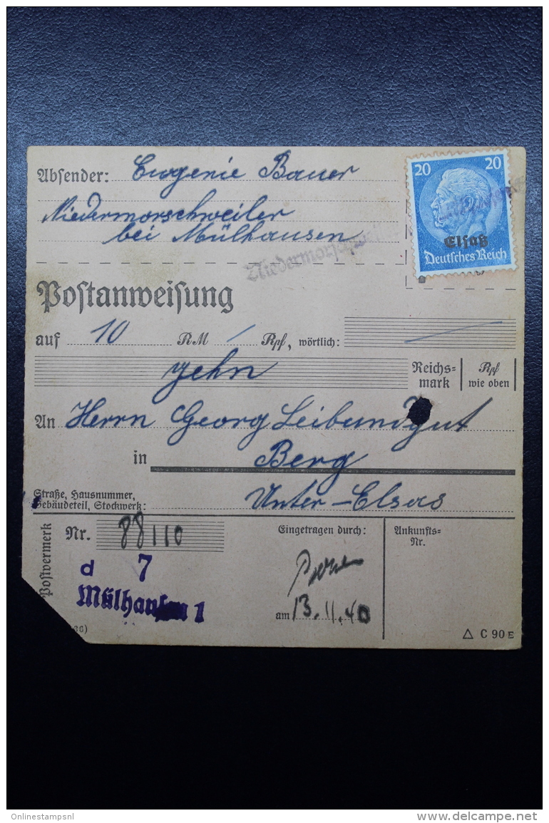 Elsass Alsace :  Postanweisung Niedermorschwikr -&gt; Mulhaussen   Notstempel 1940 - Besetzungen 1938-45