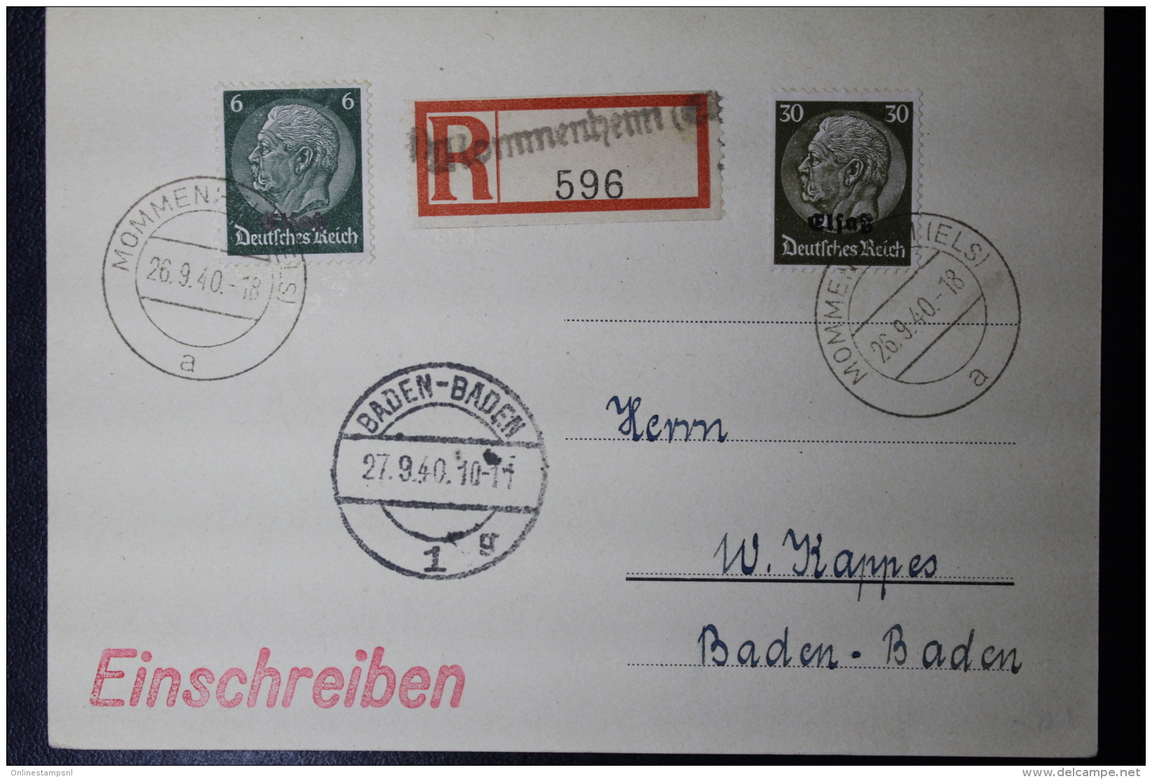 Elsass Alsace :  MOMMENHEIM Einschreiben Karte  Mixed Franking 26-9-1940 - Besetzungen 1938-45