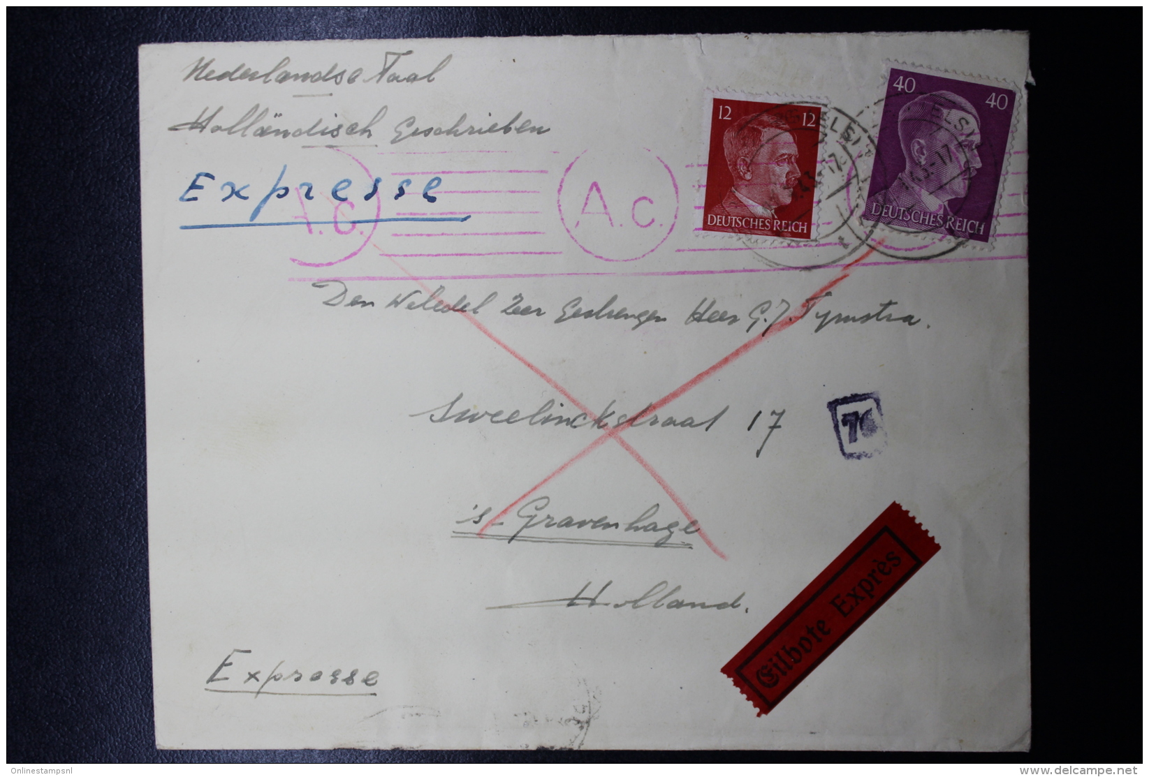 Elsass Alsace  Gemeinschaftslager H SCHILTIGHEIM Express, Mixed Franking -&gt; The Hague 1943  Kamppost - Besetzungen 1938-45