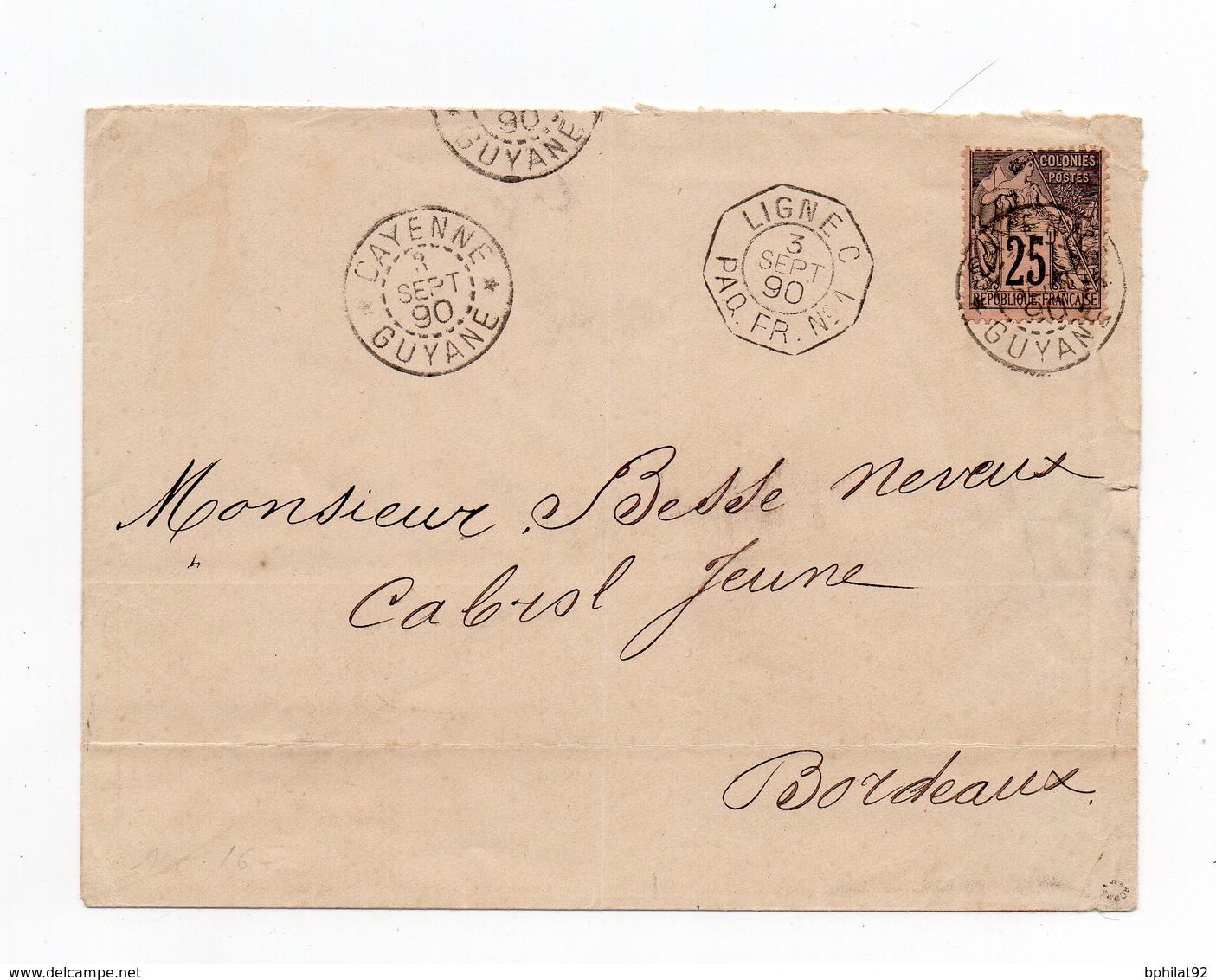 !!! PRIX FIXE : GUYANE, LETTRE DE CAYENNE DE 1890 POUR BORDEAUX - Covers & Documents