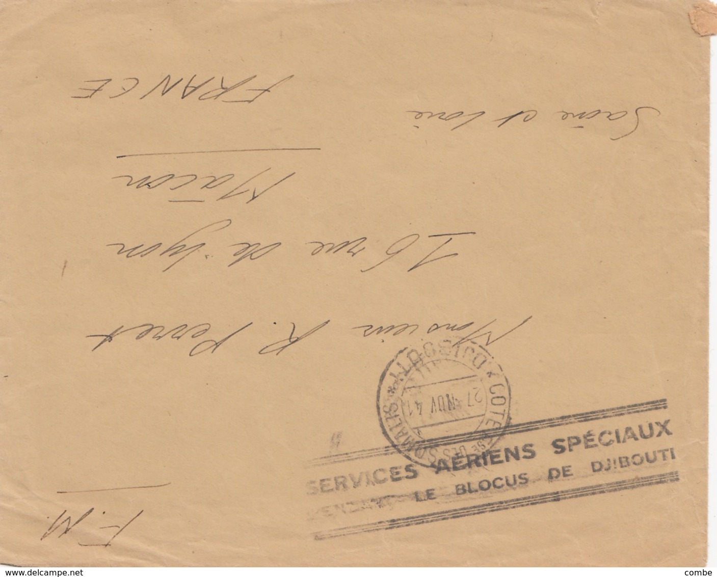 LETTRE COTES DES SOMALIS. EN F.M..  27 11 41. CACHET SERVICES AERIENS SPECIAUX PENDANT LE BLOCUS DE DJIBOUTI. POUR MACON - Lettres & Documents