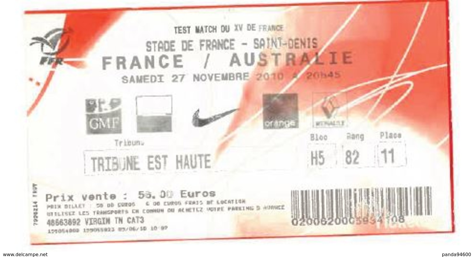 Ticket Entrée Rugby Test Match France Australie Stade De France 27/11/2010 - Rugby