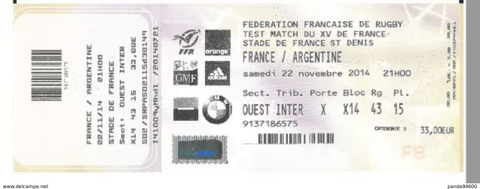 Ticket Entrée Rugby Test Match France Argentine Stade De France 23/11/2013 - Rugby