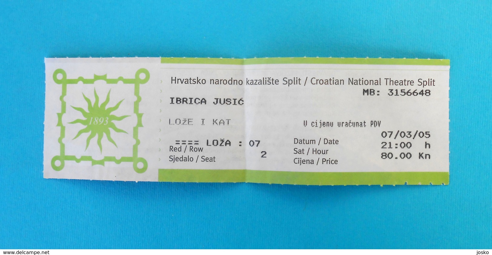 IBRICA JUSIC - 2005. Concert Ticket In HNK Split * Chanson Music Musique Musik Musica Dubrovnik Croatia Kroatien - Tickets De Concerts