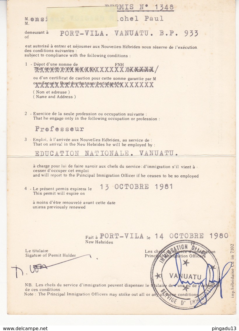 Au Plus Rapide Permis De Séjour Nouvelles Hébrides Surcharge Vanuatu 1980 - Documents Historiques