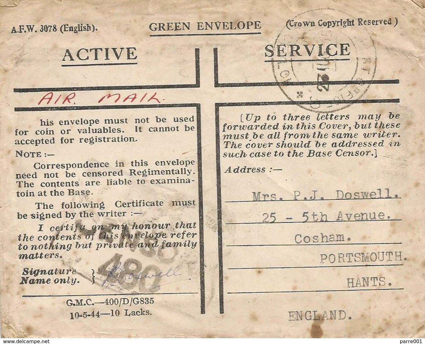 Ceylon Sri Lanka 1945 RAF Censor 480 Green Honour Envelope - Sri Lanka (Ceylon) (1948-...)