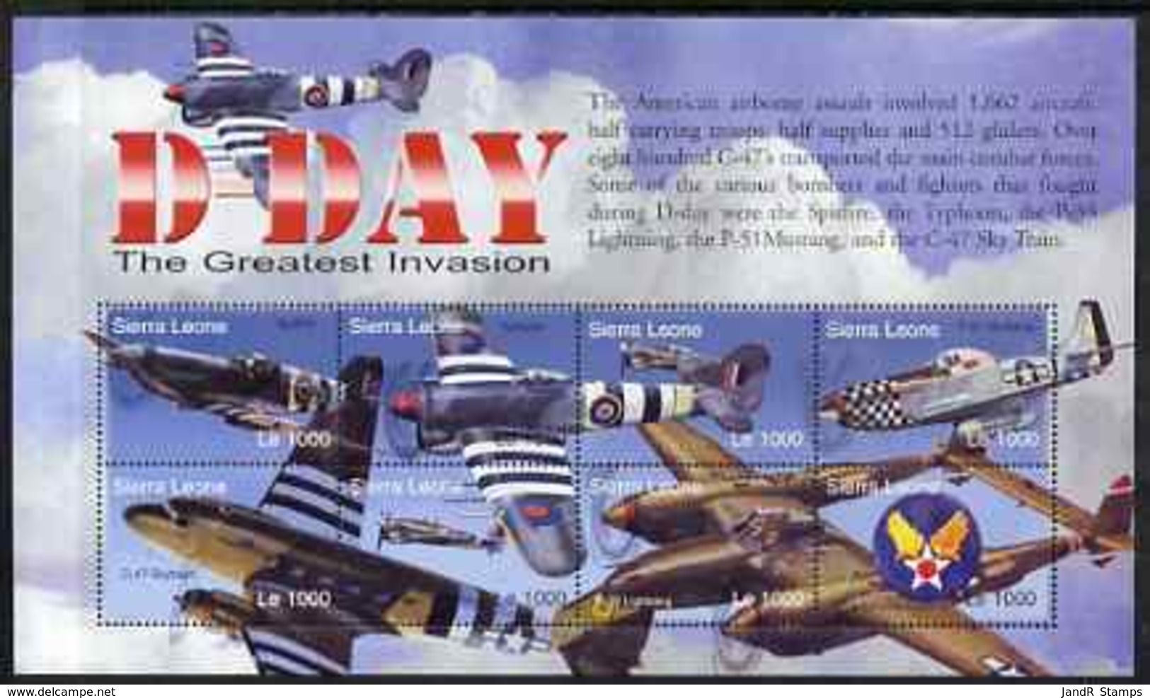 Sierra Leone 2004 60th  Anniv Of D-day Landings MILITARIA  WW2  TANKS AVIATION SPITFIRE MUSTANG TYPHOON Perf M/sheet #3 - Sierra Leone (1961-...)