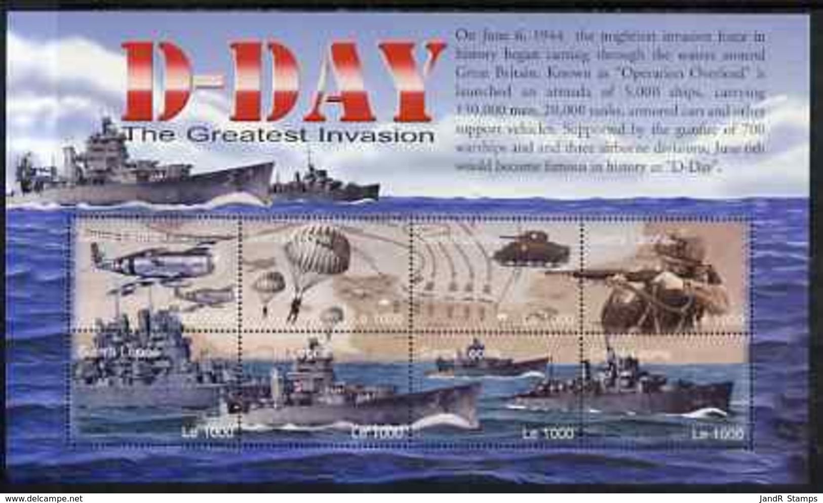 Sierra Leone 2004 60th  Anniv Of D-day Landings MILITARIA  WW2  TANKS AVIATION PARACHUTES SHIPS Perf M/sheet #4 8 X 1000 - Sierra Leone (1961-...)