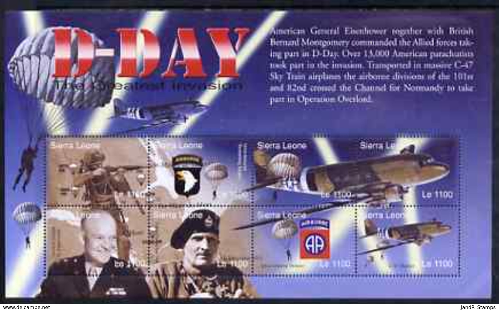 Sierra Leone 2004 60th  Anniv Of D-day Landings MILITARIA WW2 AVIATION PERSONALITIES PARACHUTES Perf M/sheet #6 8 X 1100 - Sierra Leone (1961-...)