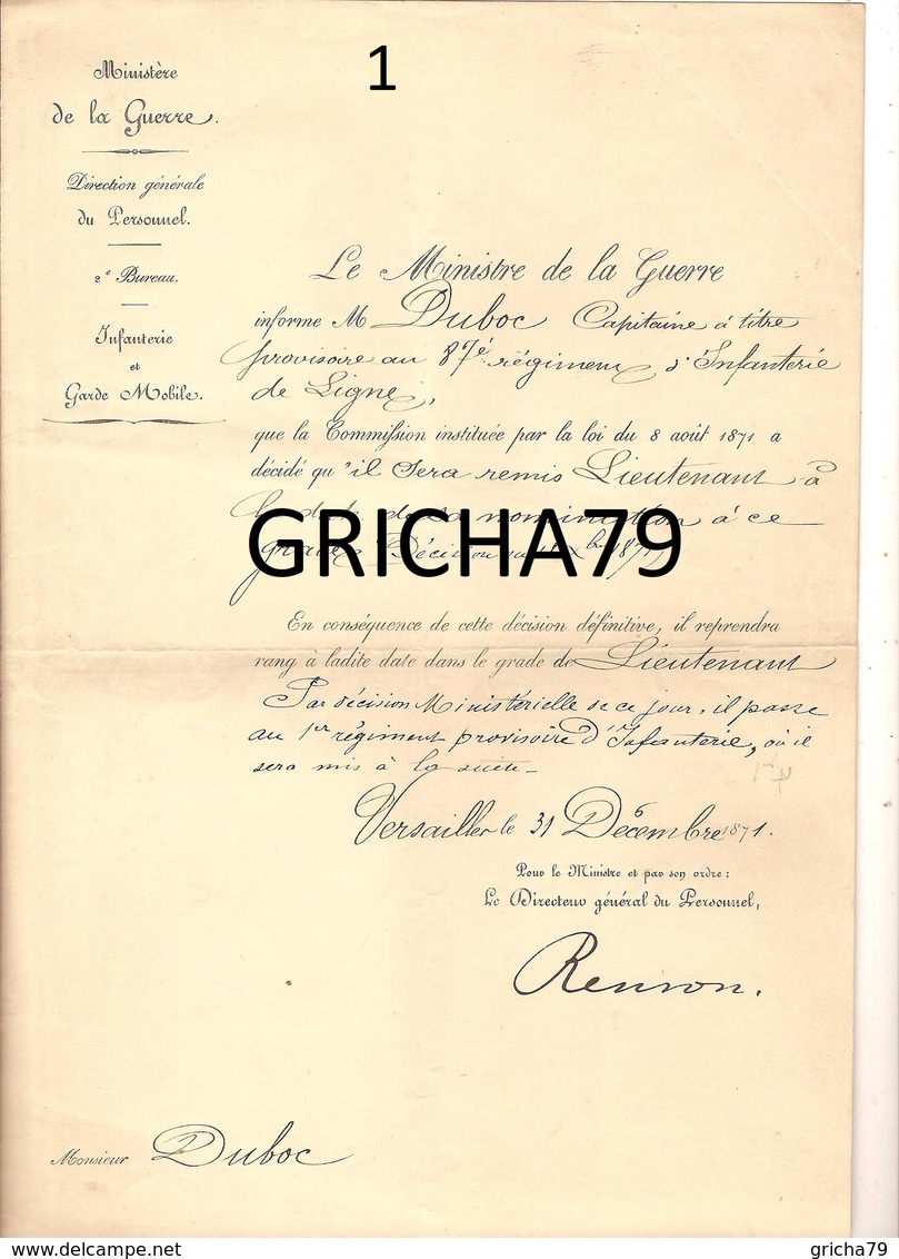 MANUSCRIT MILITAIRE - NOMINATION AU GRADE DE LIEUTENANT - 87 EME REGIMENT INFANTERIE - Manoscritti