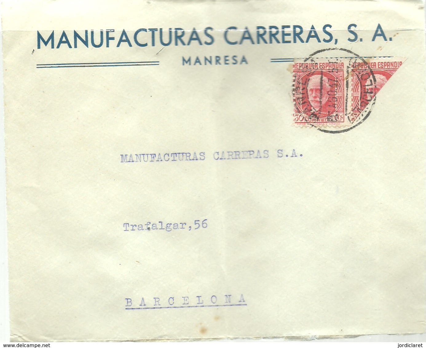 CARTA  BISECTADO  MANRESA 1937 - Storia Postale