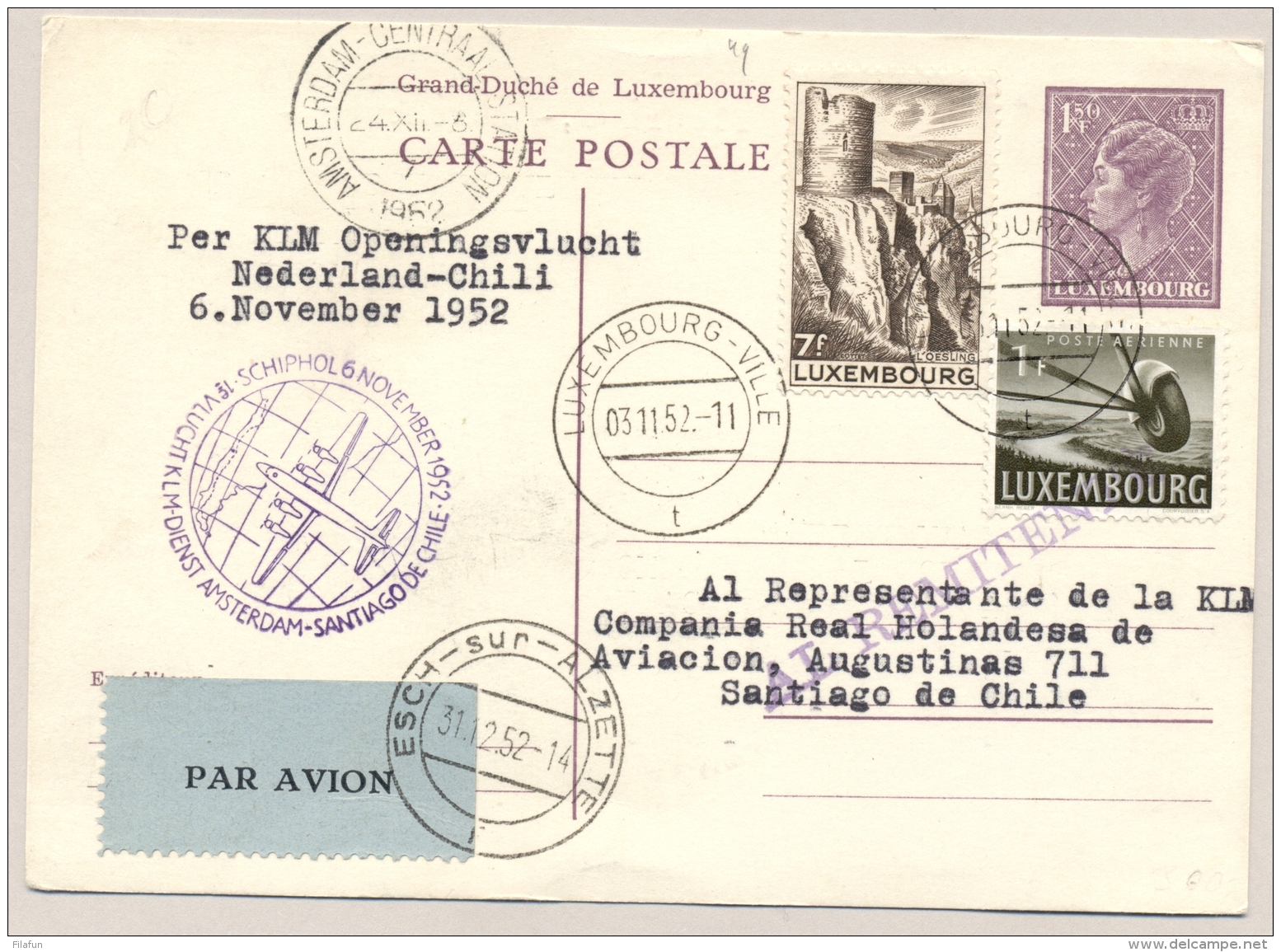 Nederland - 1952 - Luxembourg Mail On First Flight KLM Amsterdam - Santiago De Chile - Brieven En Documenten