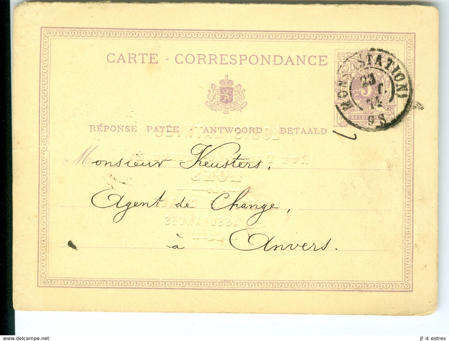 Carte Correspondance AS CàD Mons 1874 Louis Mathieu Entier Postal Postwaardestuk - Postkarten 1871-1909