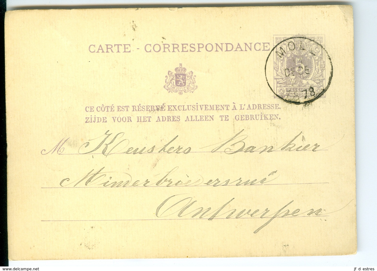 Carte Correspondance AS CàD Moll & Anvers 1878 Berbes ? Entier Postal Postwaardestuk - Cartes Postales 1871-1909