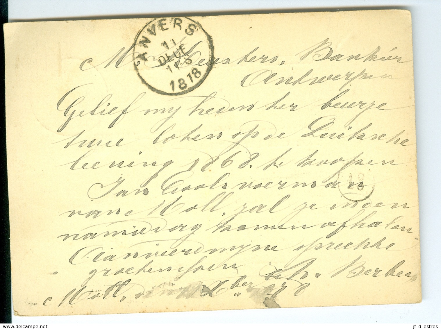 Carte Correspondance AS CàD Moll & Anvers 1878 Berbes ? Entier Postal Postwaardestuk - Cartes Postales 1871-1909