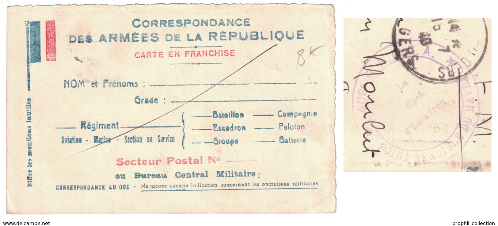 1940 - CARTE FRANCHISE FM MILITAIRE CORRESPONDANCE DES ARMÉES DE LA REPUBLIQUE CACHET " POINT SENSIBLE DU HAVRE " GERS - Lettres & Documents