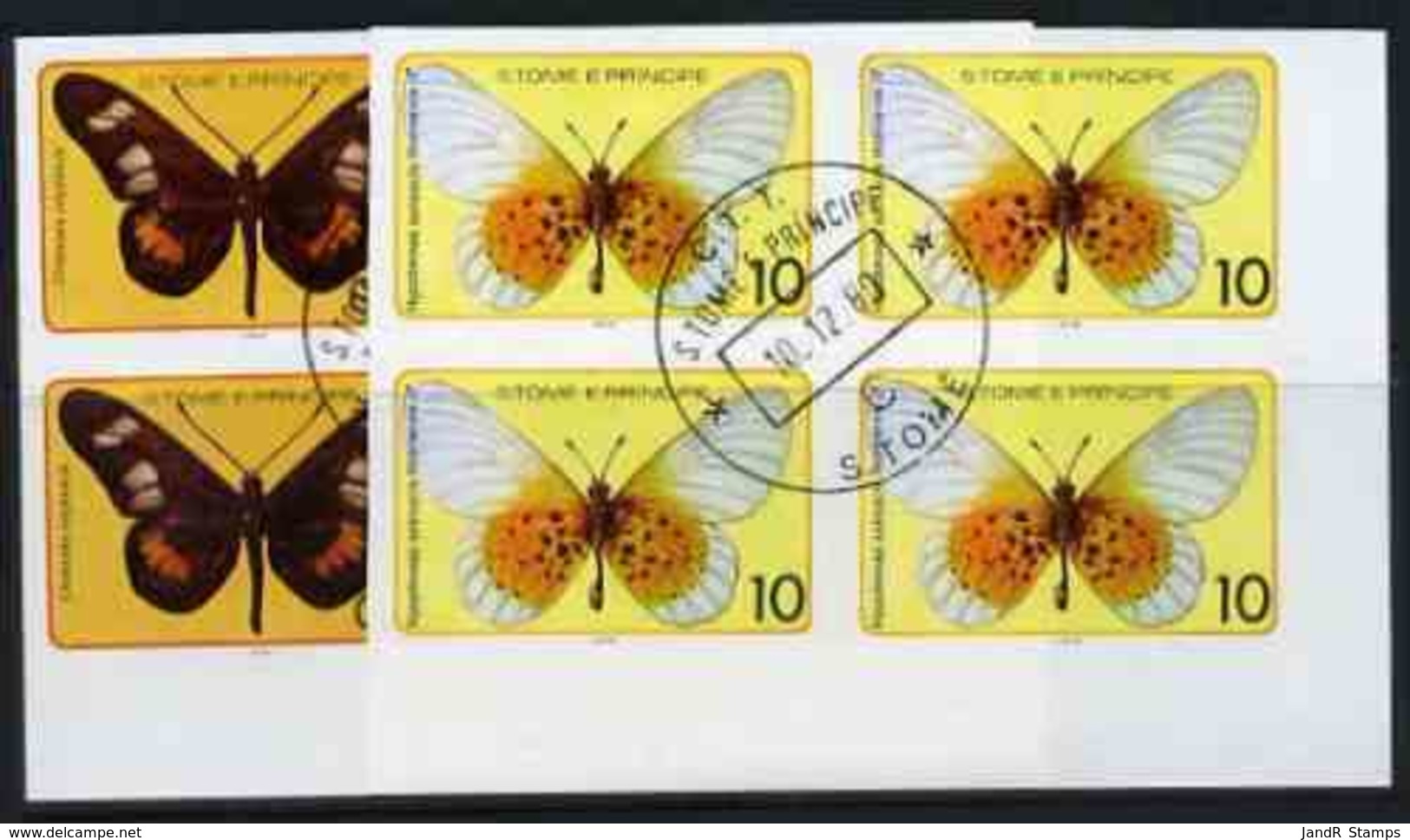 St Thomas & Prince Islands 1979 Butterflies 50c & 10Db Each In Imperf Blocks Of 4 With Central 'CTT 10.12.80 St Tome" Ca - St. Thomas & Prince