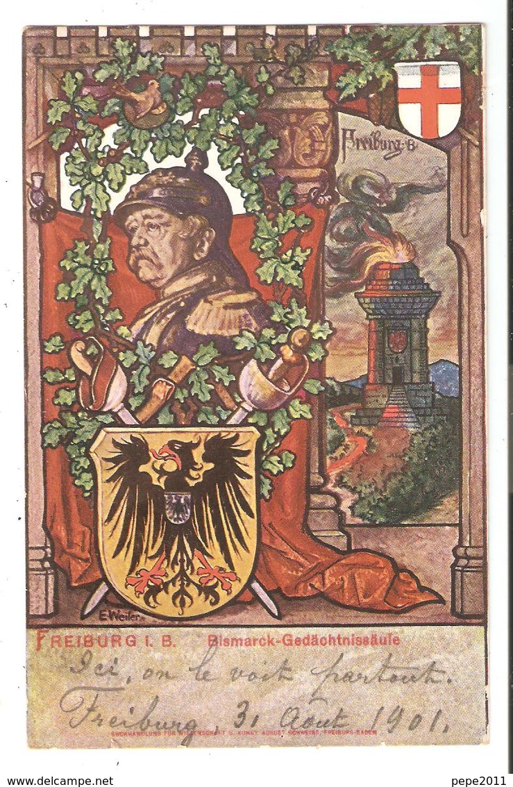 CPA Freiburg I. Br. Illustrateur E. Weiler - Bismarck - Gedächtnissäule (colonne Commémorative), Blason, Aigle Impérial - Freiburg I. Br.