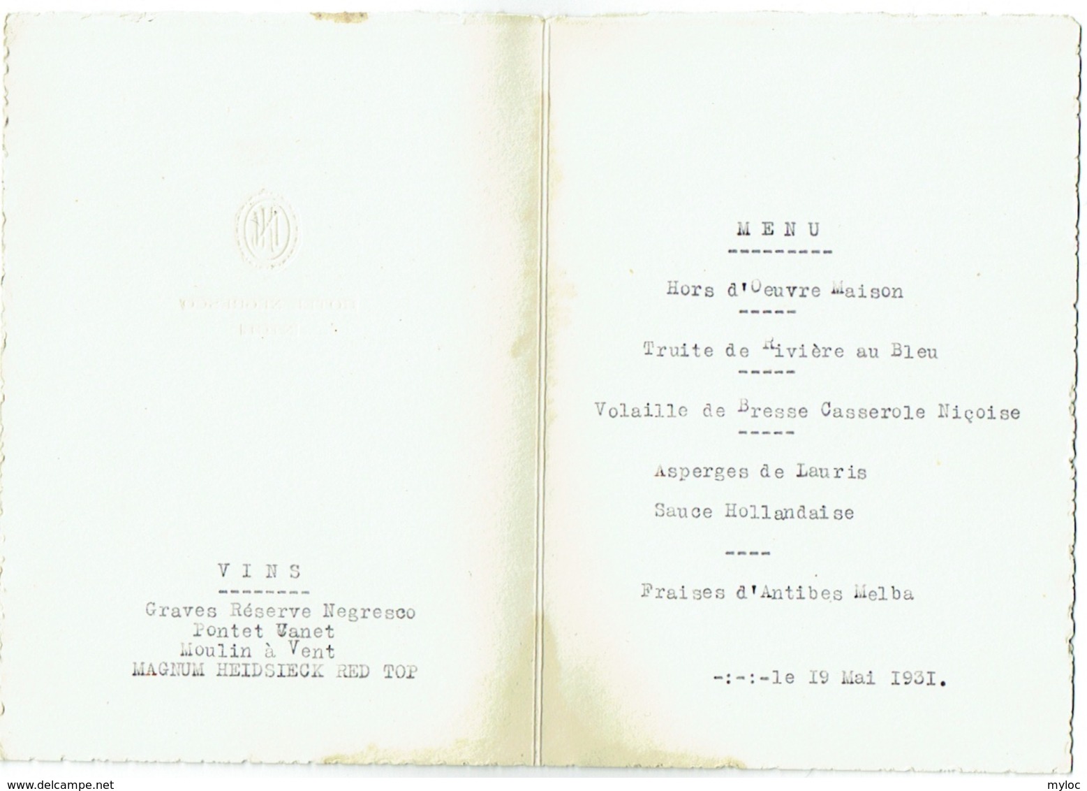 Menu. Hotel Negresco, Nice. 1931 - Menus