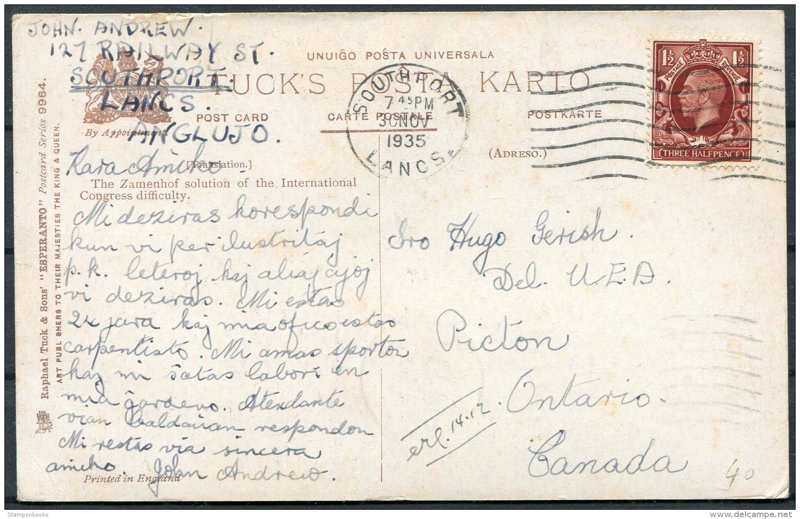 1935 GB Tuck Esperanto Postcard. Southport - Picton Ontario Canada - Esperanto