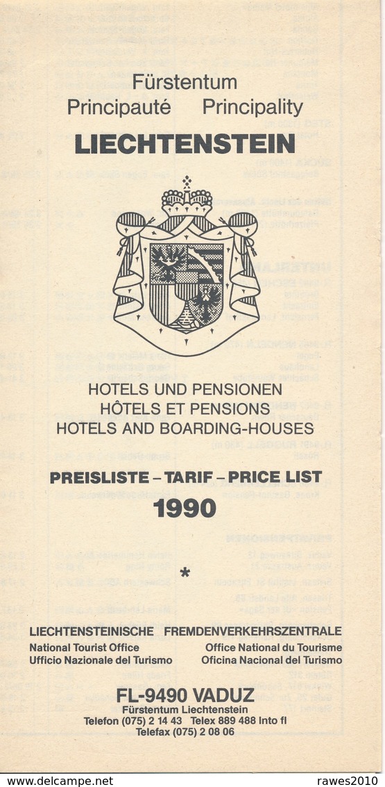 Liechtenstein Hotels Und Pensionen Preisliste 1990 Faltblatt Doppelt 4 Seiten - Reiseprospekte