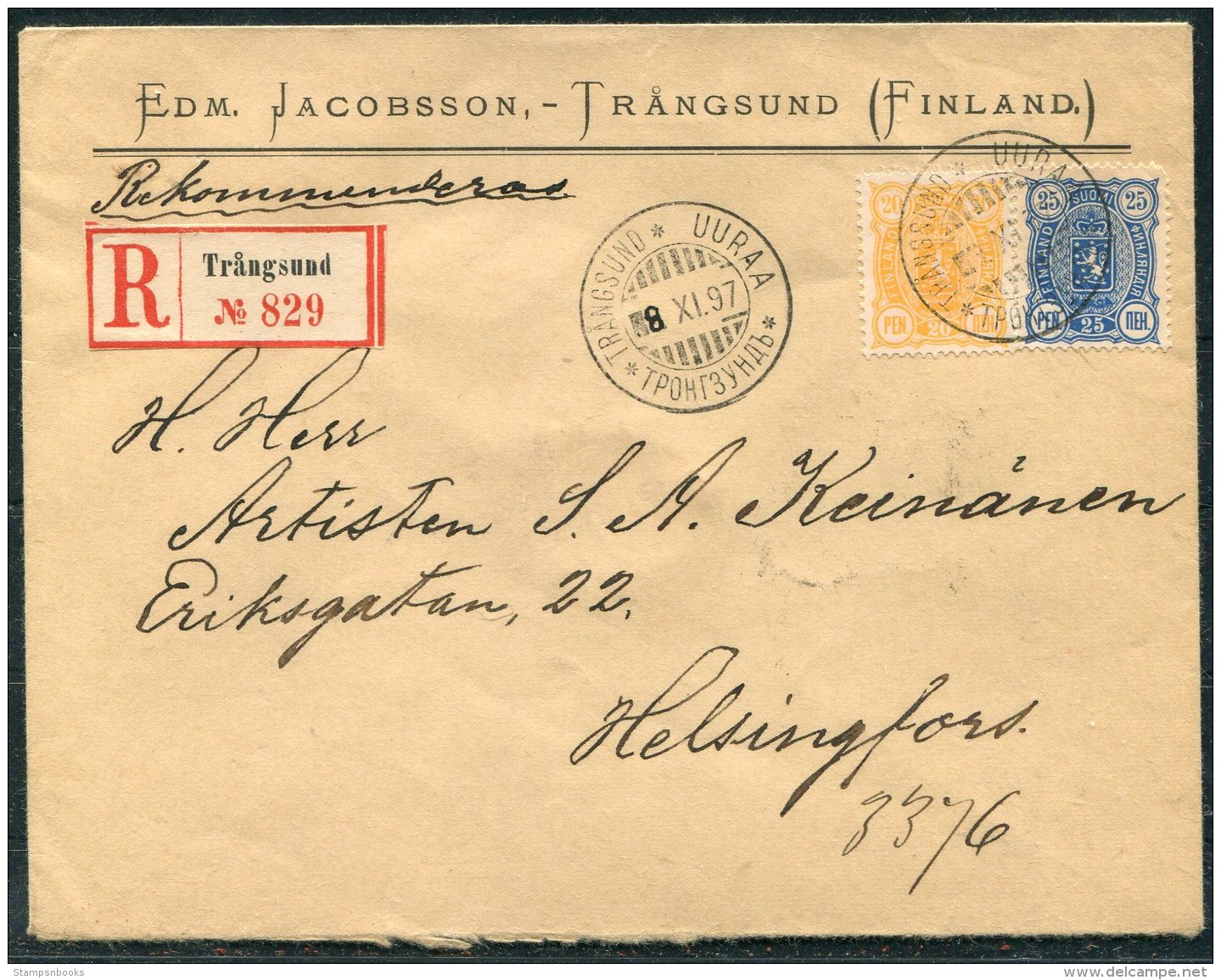 1897 Finland Trangsund Registered Cover - Helsingfors Via Wipuri - Covers & Documents