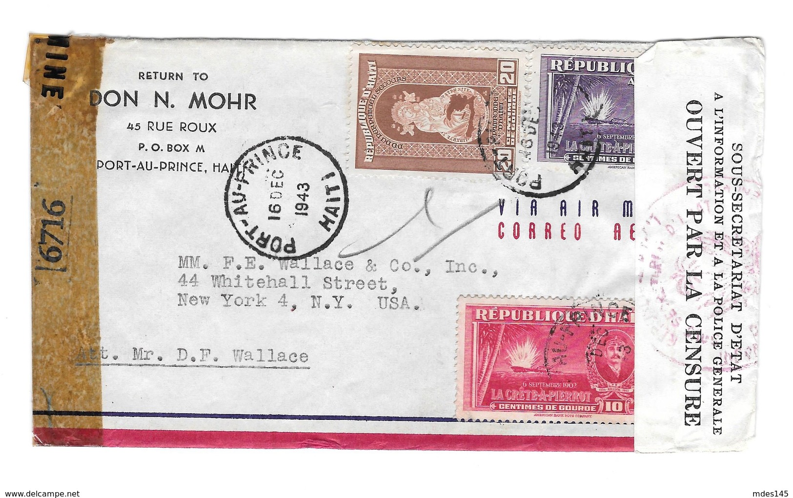 Haiti Double Censored 1943 Airmail Cover Port Au Prince To New York Scott# 344 351 354 - Haiti