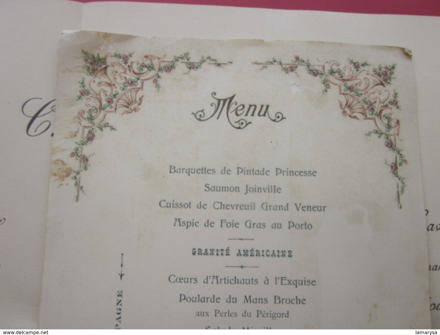 1914 Faire-part Mariage+Menu:Agnès Chabert/ G. Baudoin-Marseille Mazargues Villa les Sources-Cie Marseillaise Madagascar