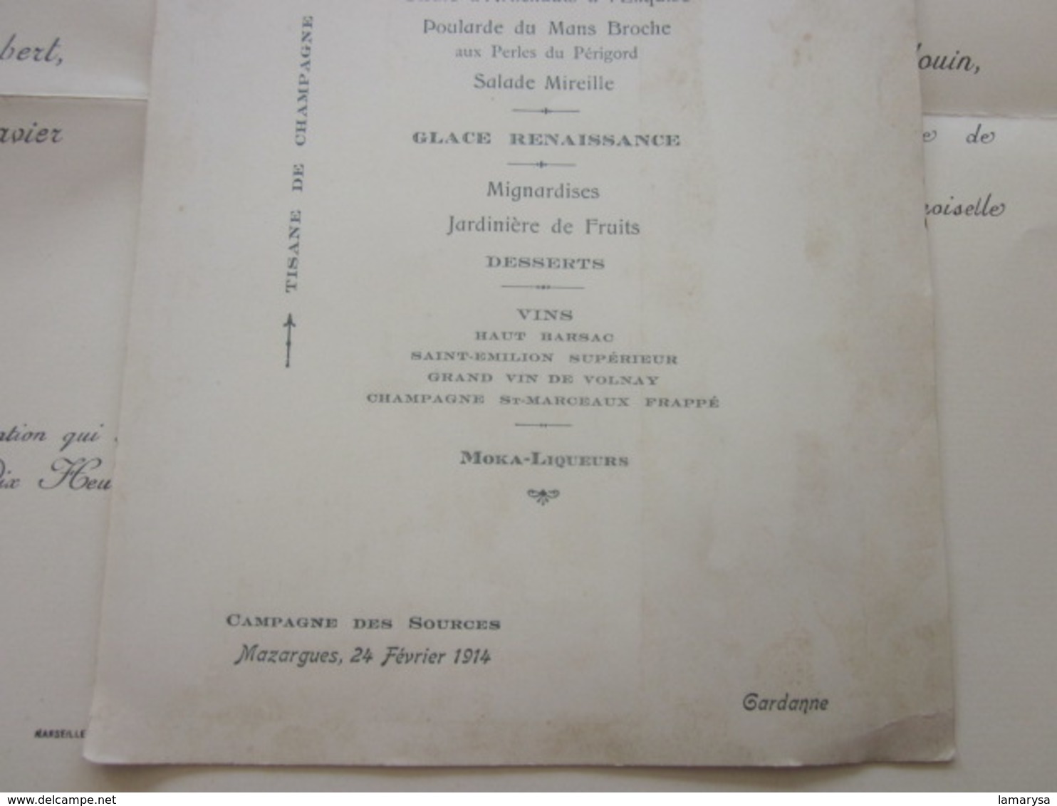 1914 Faire-part Mariage+Menu:Agnès Chabert/ G. Baudoin-Marseille Mazargues Villa les Sources-Cie Marseillaise Madagascar