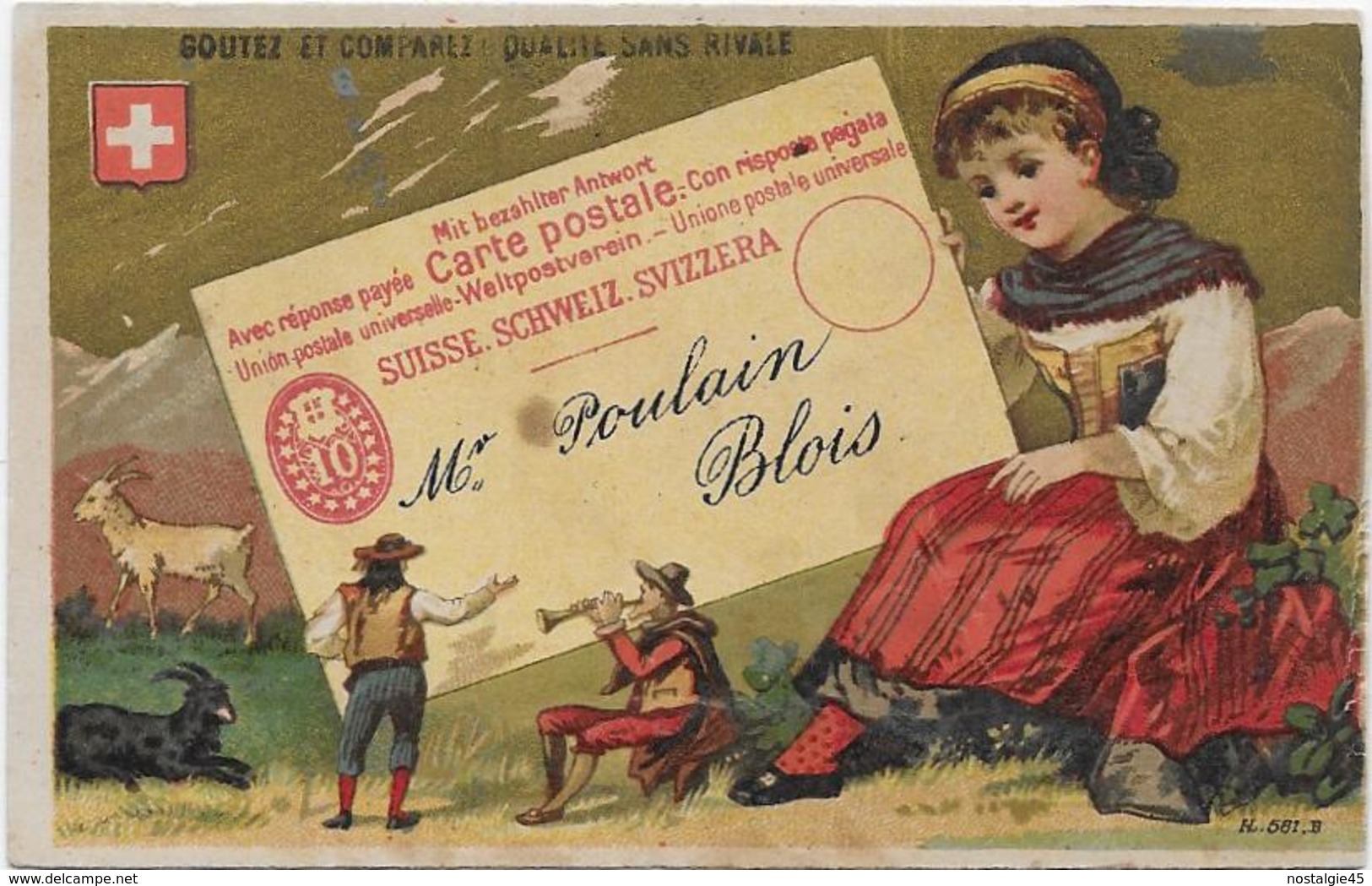 Chromo H.Laas 581 Fond Or - La Suisse Carte Postale Union Universelle Adressée à Mr Poulain Blois - Poulain