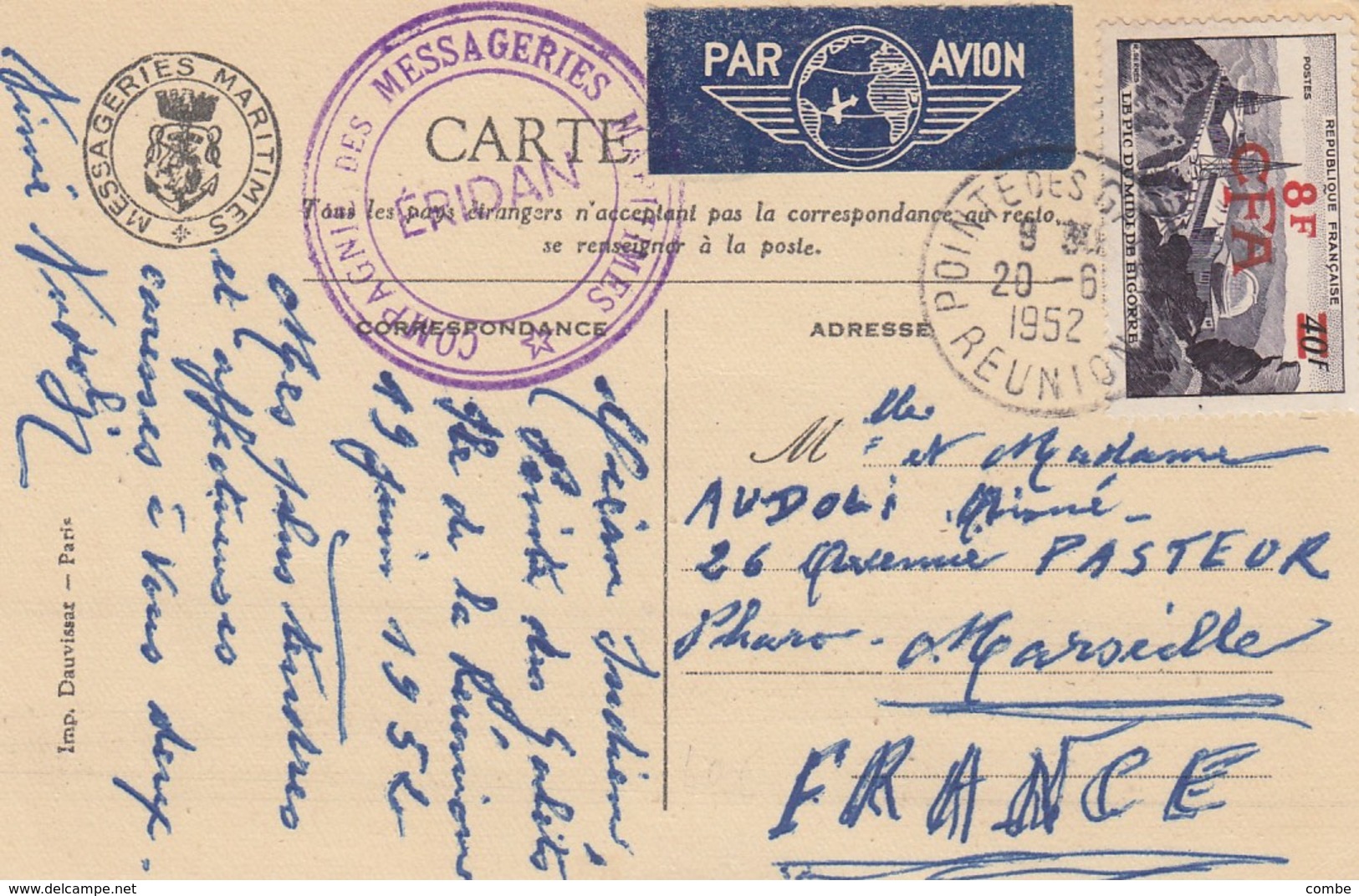 CARTE REUNION. 20 6 52. COMPAGNIE DES MESSAGERIES MARITIMES ADRESSEE PAR AVION EN FRANCE. TRES RARE CP PAR AVION - 1960-.... Lettres & Documents