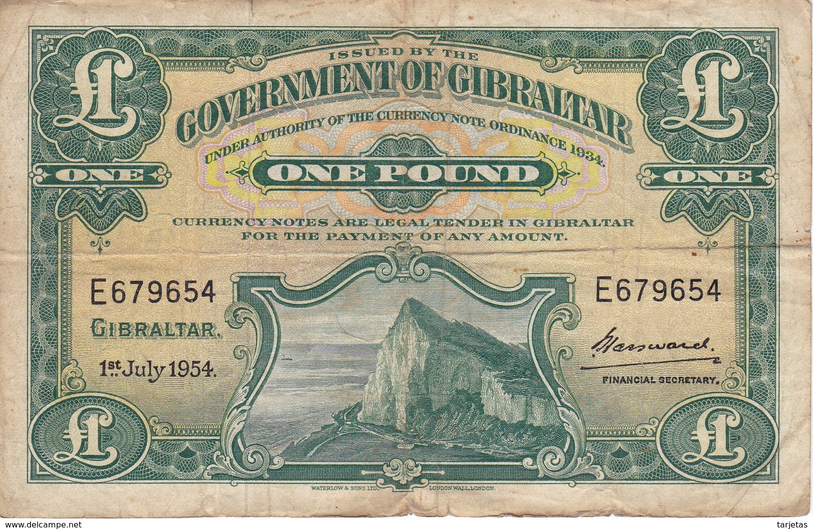 BILLETE DE GIBRALTAR DE 1 POUND DEL AÑO 1954  (BANKNOTE-BANK NOTE) RARO - Gibilterra