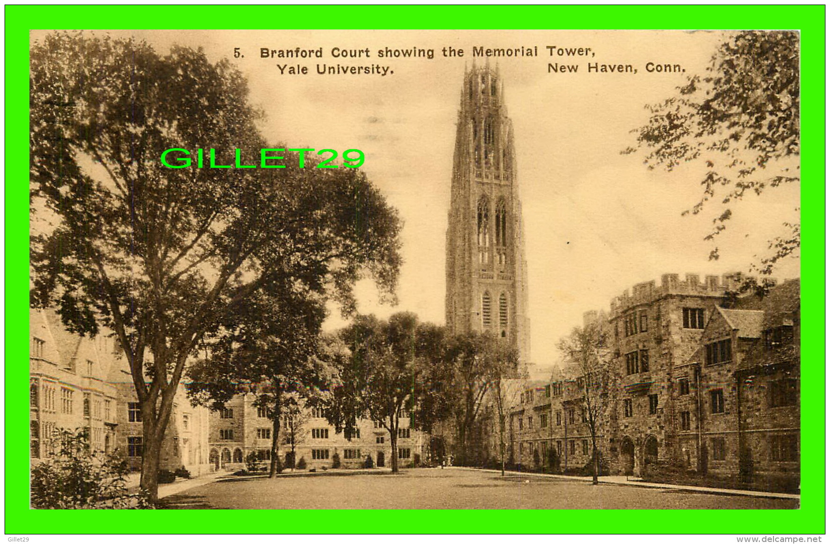 NEW HAVEN, CT - BRANFORD COURT SHOWING THE MEMORIAL TOWER, YALE UNIVERSITY - TRAVEL IN 1922 -  PUB.  THE EDWARD P. JUDD - New Haven