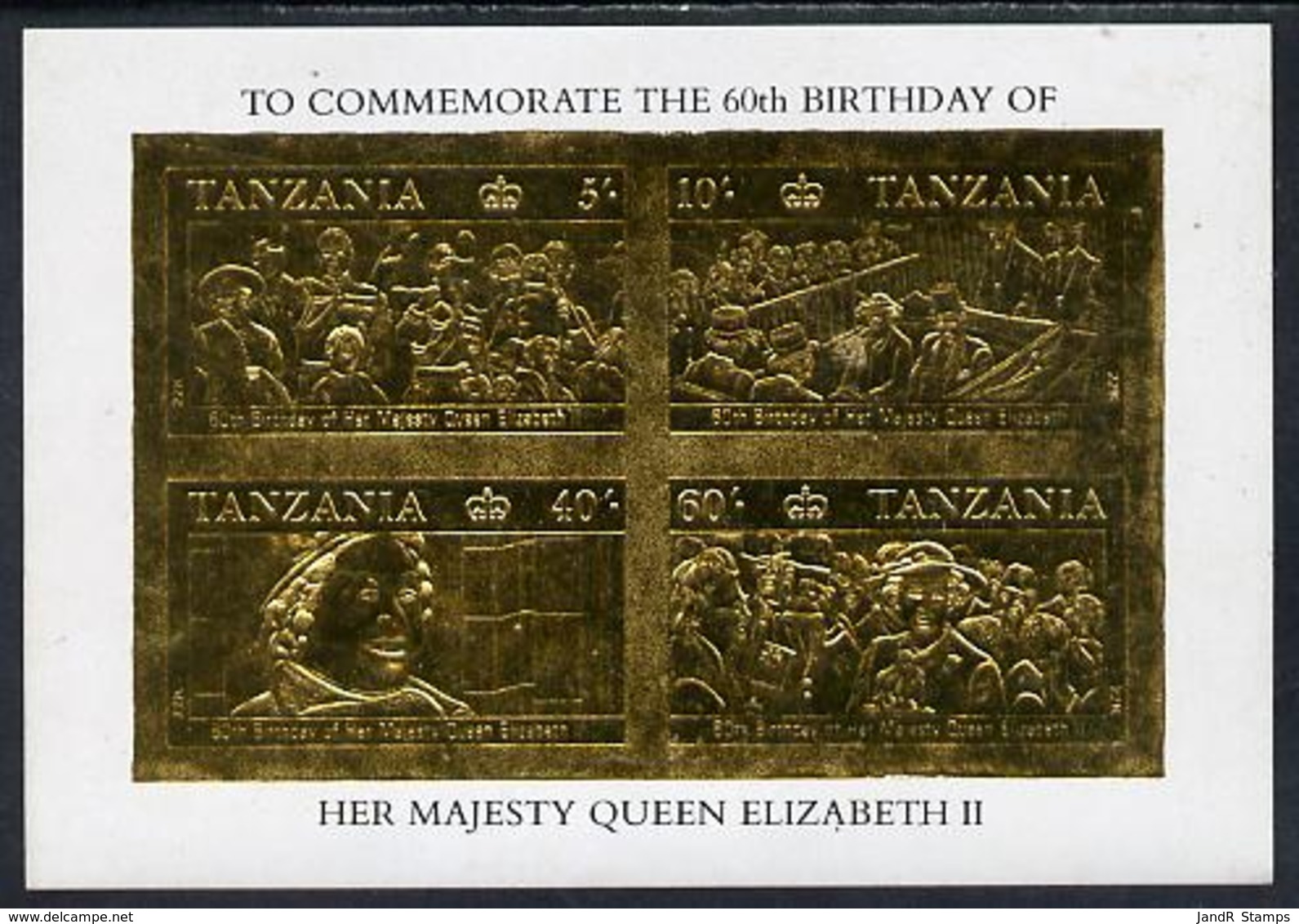 Tanzania 1987 Queen's 60th Birthday Imperf Souvenir Sheet ROYALTY The 4 Values Embossed In 22k Gold Foil U/m (as SG MS 5 - Tanzania (1964-...)