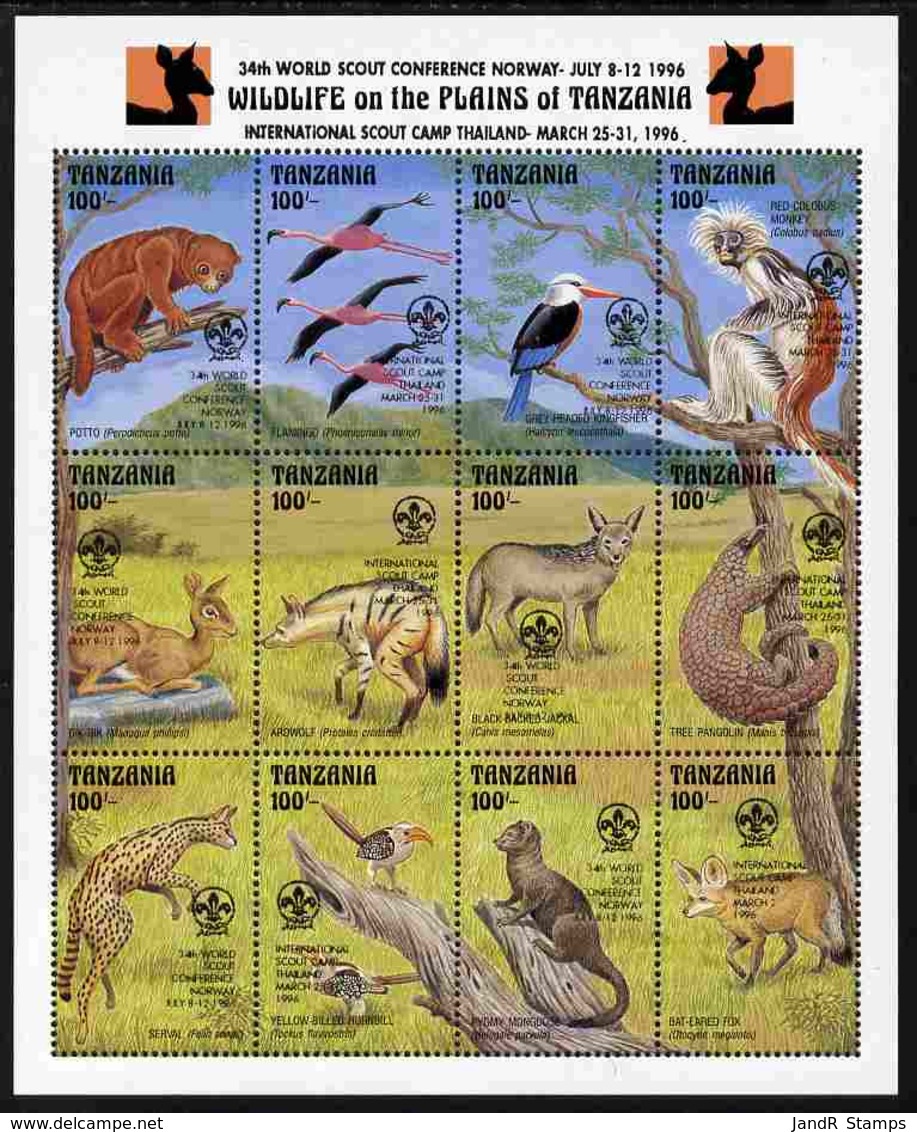 Tanzania 1996 World Scouts Conference ANIMALS BIRDS APES DOGS CATS FOXES Opt On 1993 Wildlife Sheetlet Of 16 Values U/m - Tanzania (1964-...)