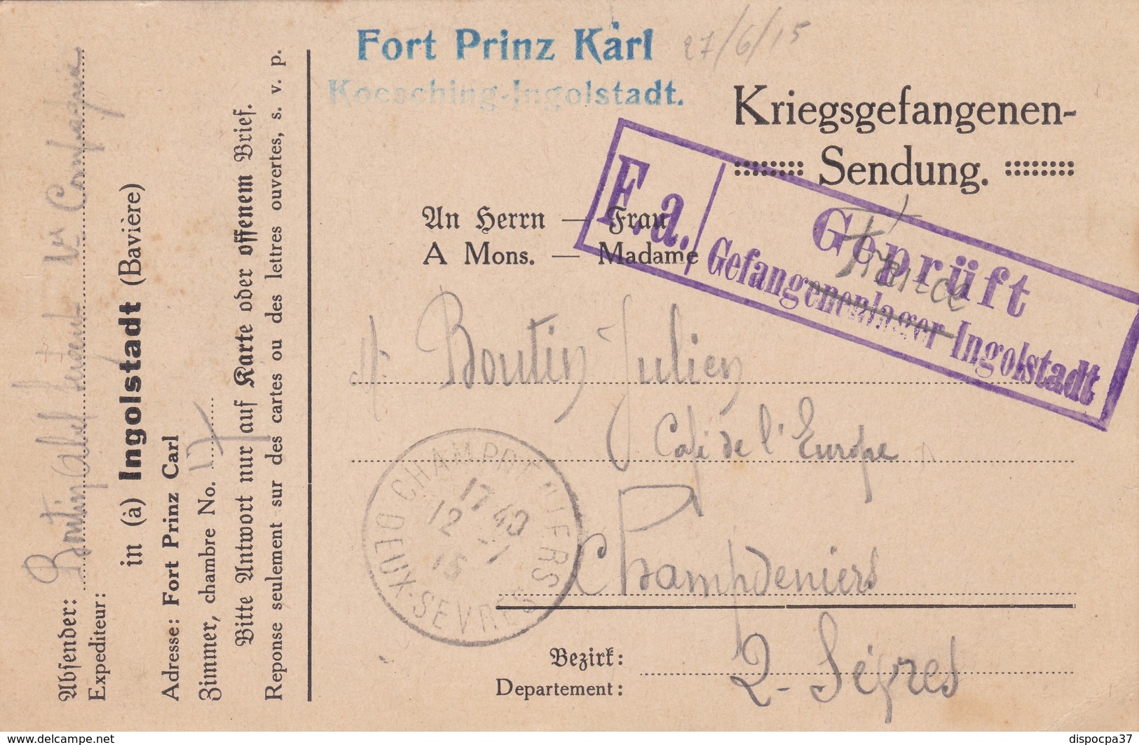 CARTE-LETTRE PRISONNIERS DE GUERRE - CAMP DU FORT PRINTZ CARL   à INGOLSTADT -BAVIERE   27/6/1915 - WW I