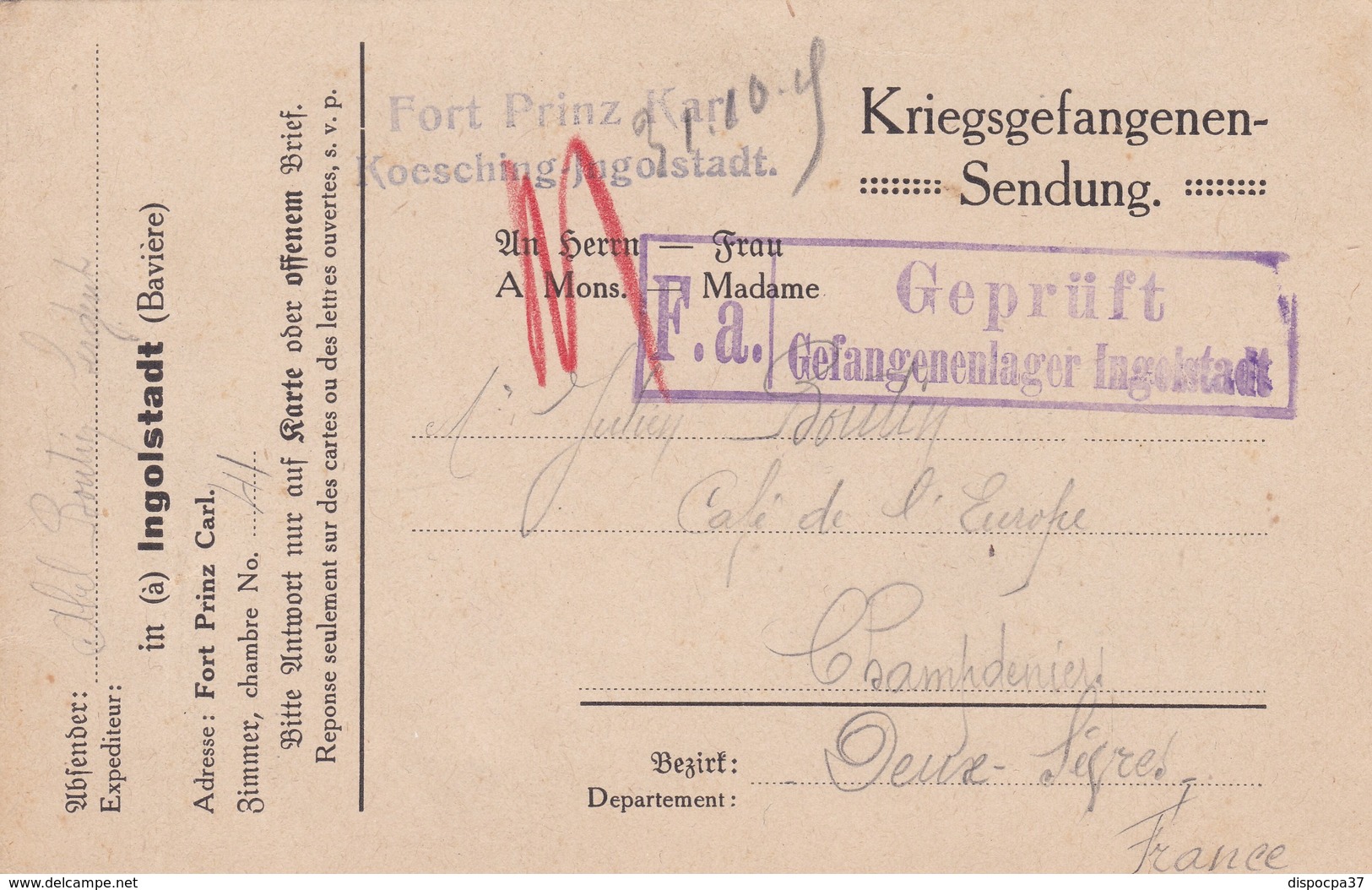 CARTE-LETTRE PRISONNIERS DE GUERRE - CAMP DU FORT PRINTZ CARL   à INGOLSTADT -BAVIERE - WW I