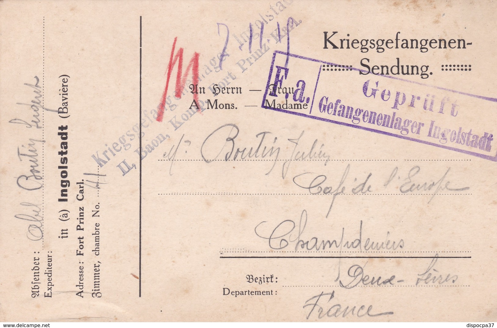 CARTE-LETTRE PRISONNIERS DE GUERRE - CAMP DU FORT PRINTZ CARL   à INGOLSTADT -BAVIERE - WW I