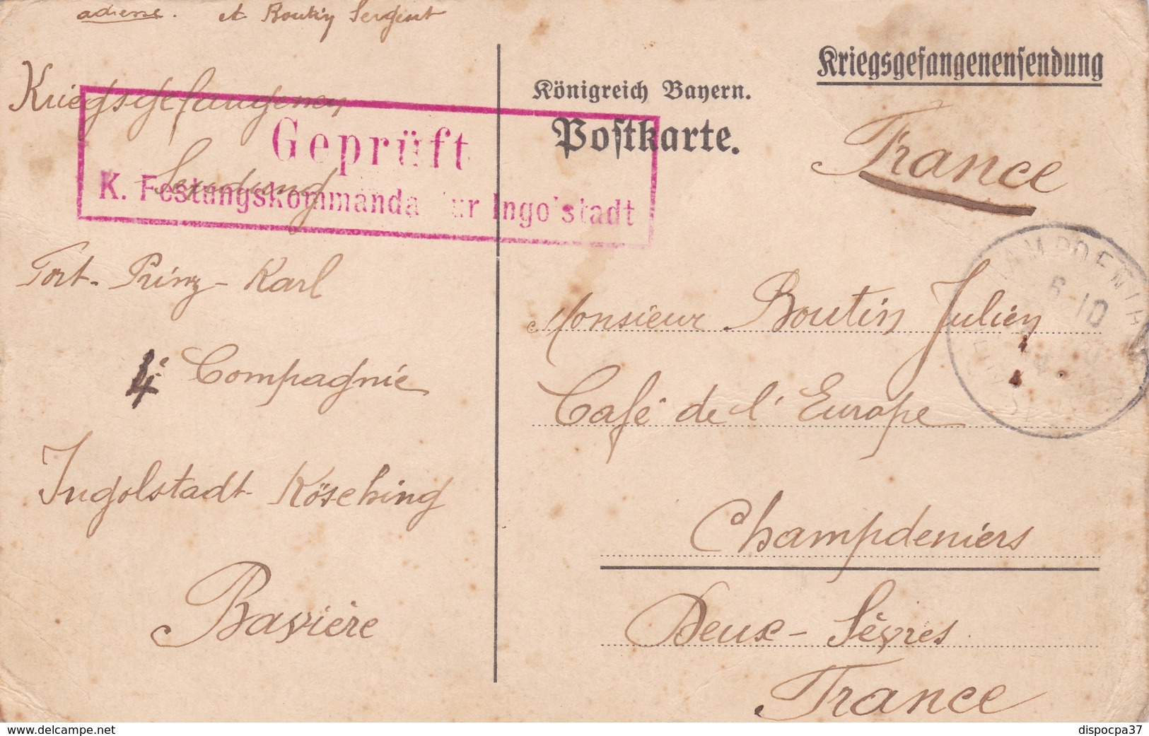 CARTE-LETTRE PRISONNIERS DE GUERRE -   à INGOLSTADT -BAVIERE - WW I