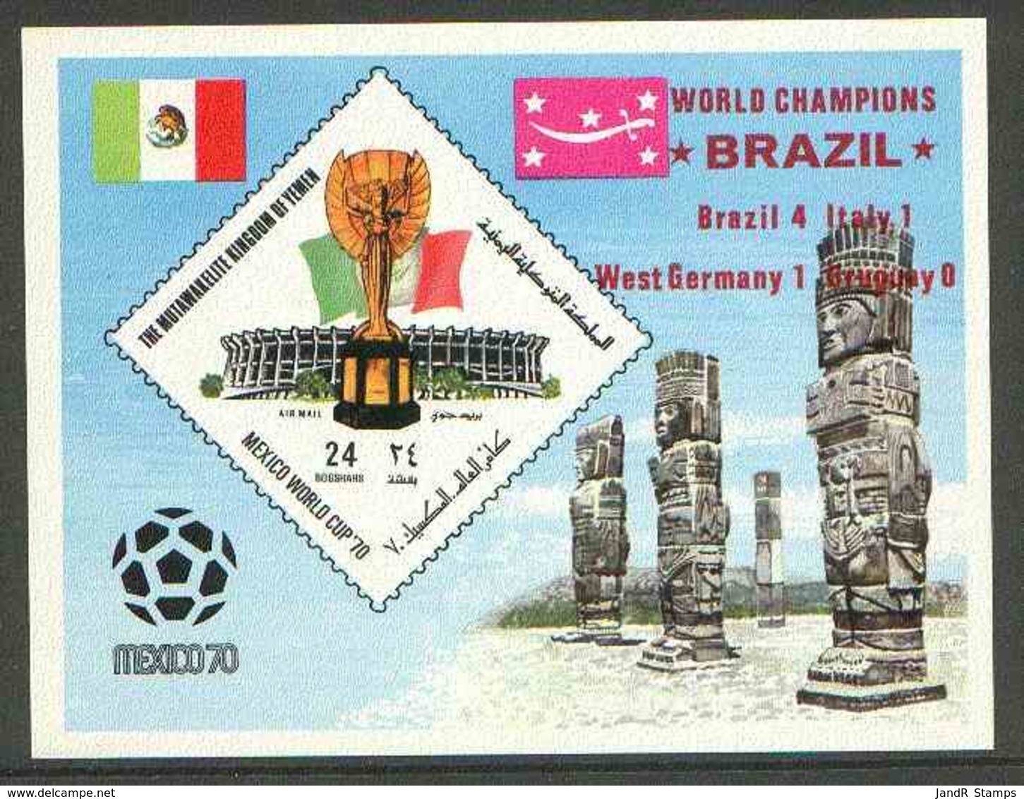 Yemen - Royalist 1970 World Cup Football SPORT 24b Value (diamond Shaped) Imperf M/s U/m Opt'd 'Brazil World Champions' - Yemen