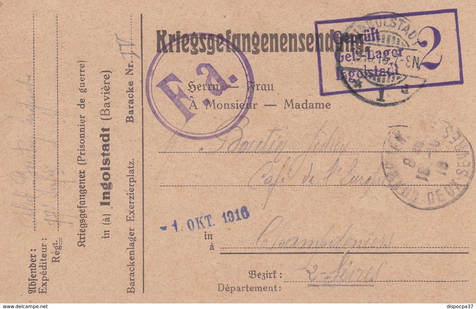 CARTE-LETTRE PRISONNIERS DE GUERRE -   à INGOLSTADT -BAVIERE - WW I