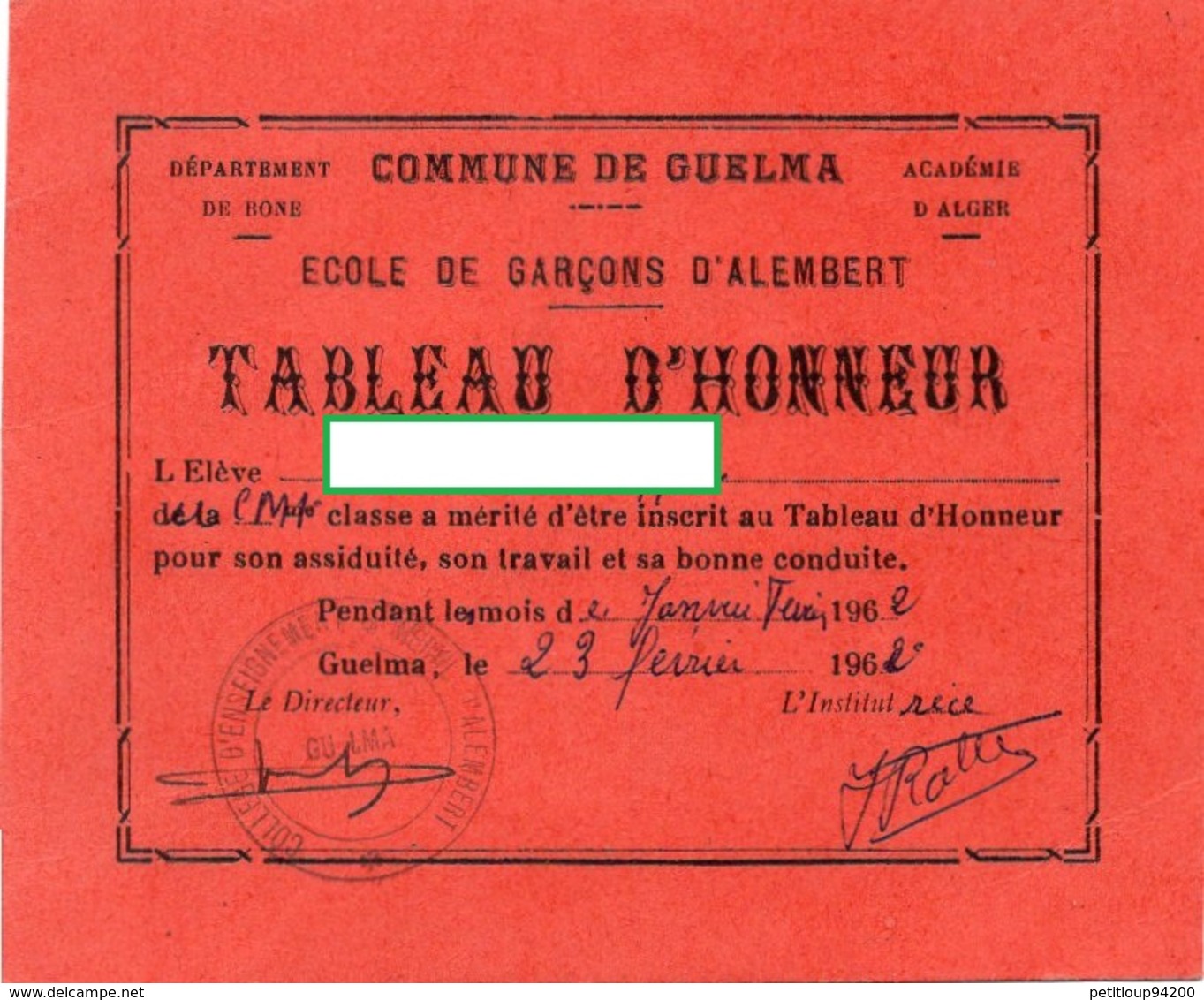 TABLEAU D'HONNEUR Ecole De Garçons D'Alembert ACADEMIE D'ALGER Commune De Guelma DEPARTEMENT DE BONE Algérie FEVRIER1962 - Diplômes & Bulletins Scolaires