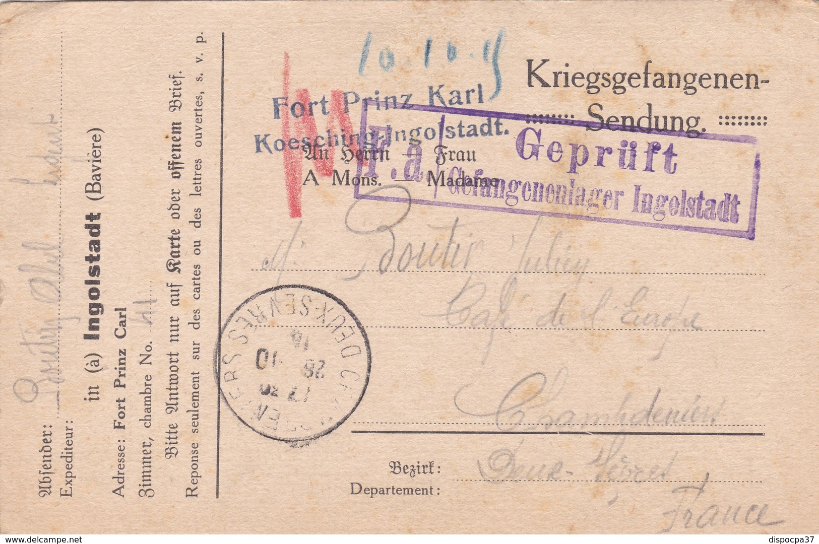 CARTE-LETTRE PRISONNIERS DE GUERRE -   à INGOLSTADT -BAVIERE - WW I