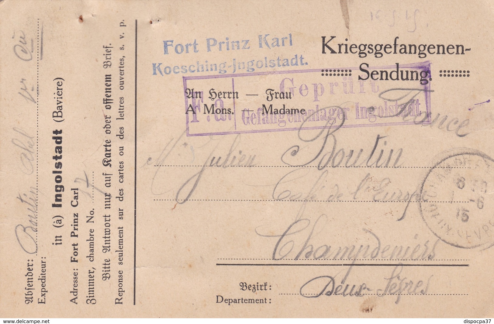 CARTE-LETTRE PRISONNIERS DE GUERRE -   à INGOLSTADT -BAVIERE - WW I