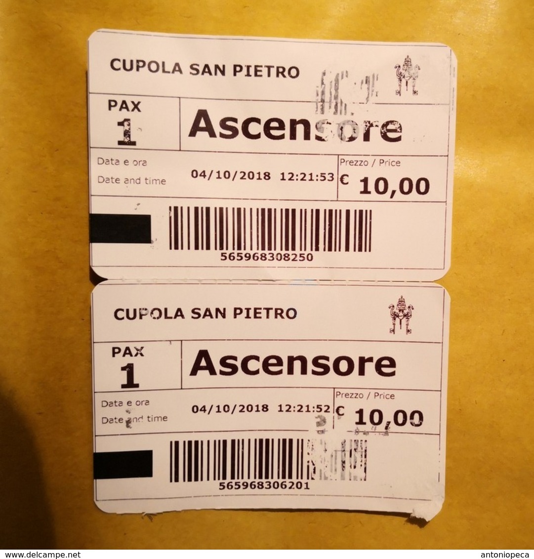 VATICAN  2018, 2 TICKETS OF ENTRANCE SAINT PETER DOME, USED - Tickets D'entrée