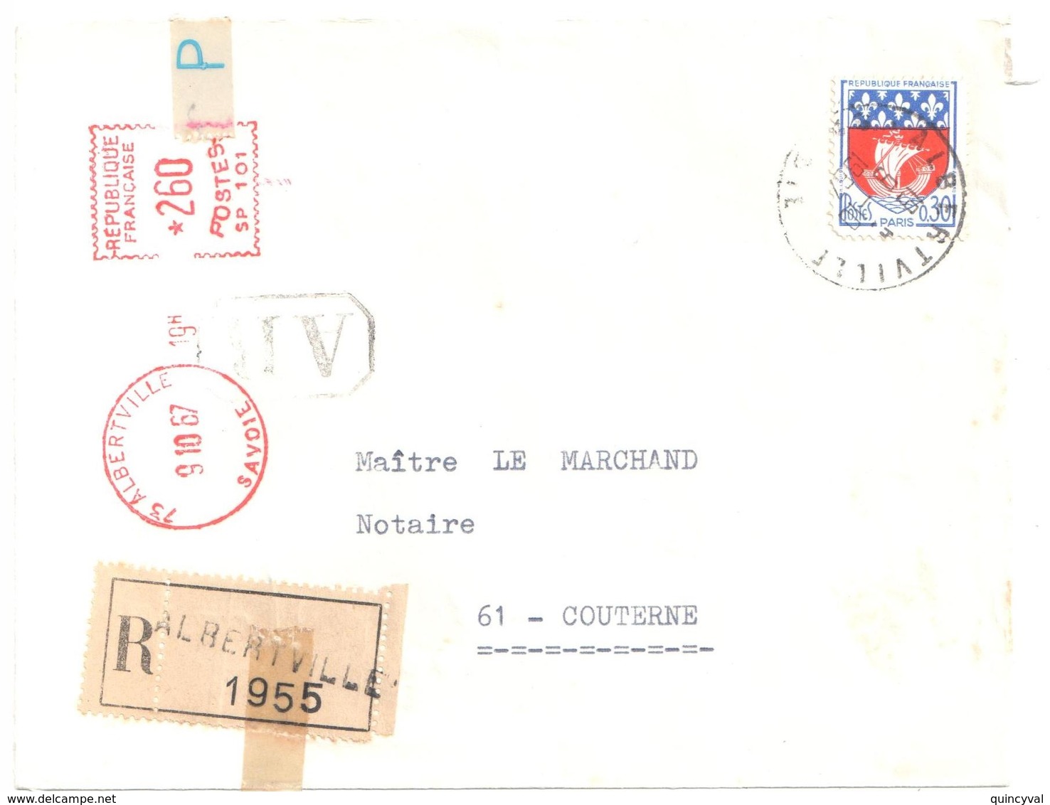 ALBERTVILLE Savoie Lettre Recommandée Mixte EMA SP 101 Timbre 30c Paris Yv 1354B Ob 1967 Tampon Griffe AR "Scotch" PTT - Storia Postale