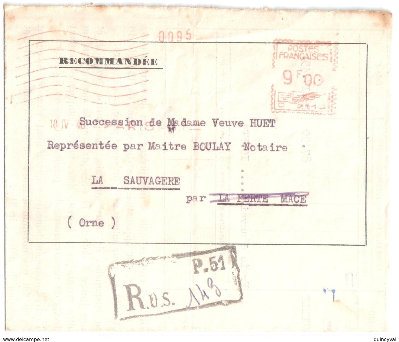 PARIS 51 Lettre Recommandée N° De Fortune Tampon Manuscrit EMA C 2110 Ob 18 4 1946 Dest Ferté Macé Orne - Affrancature Meccaniche Rosse (EMA)